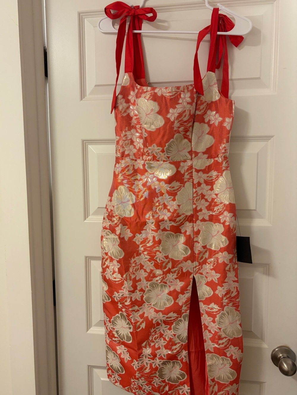 Lulu's Red Floral Jacquard Tie-Shoulder Midi Dress